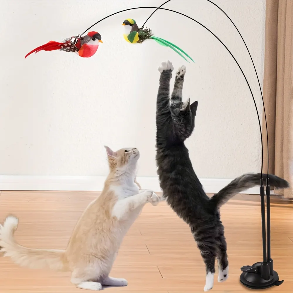 Interactive Cat Wand Toy with Super-Strong Suction Cup (Dual Rod)