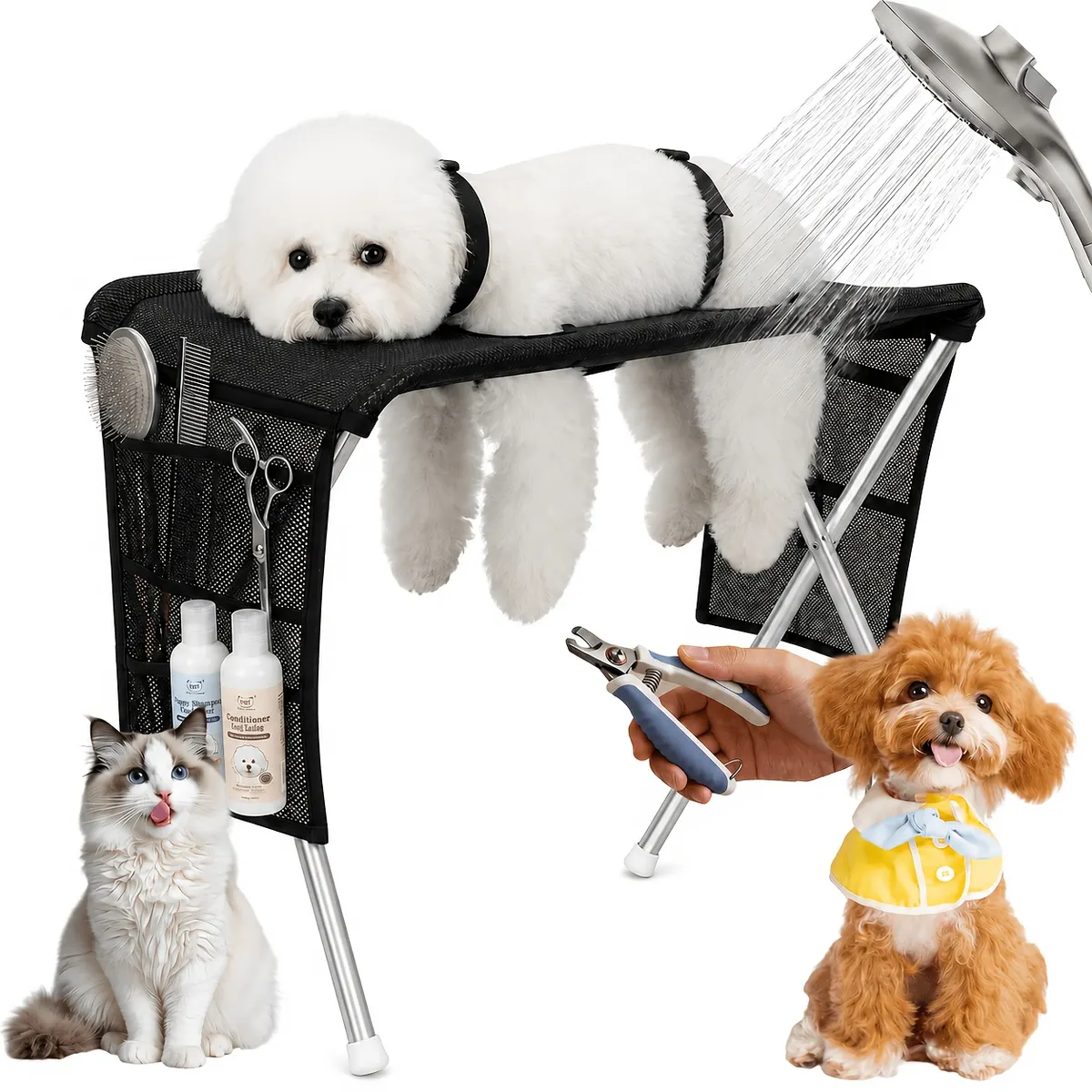 Foldable Grooming Hammock for Dogs & Cats – Stainless Frame with Bag