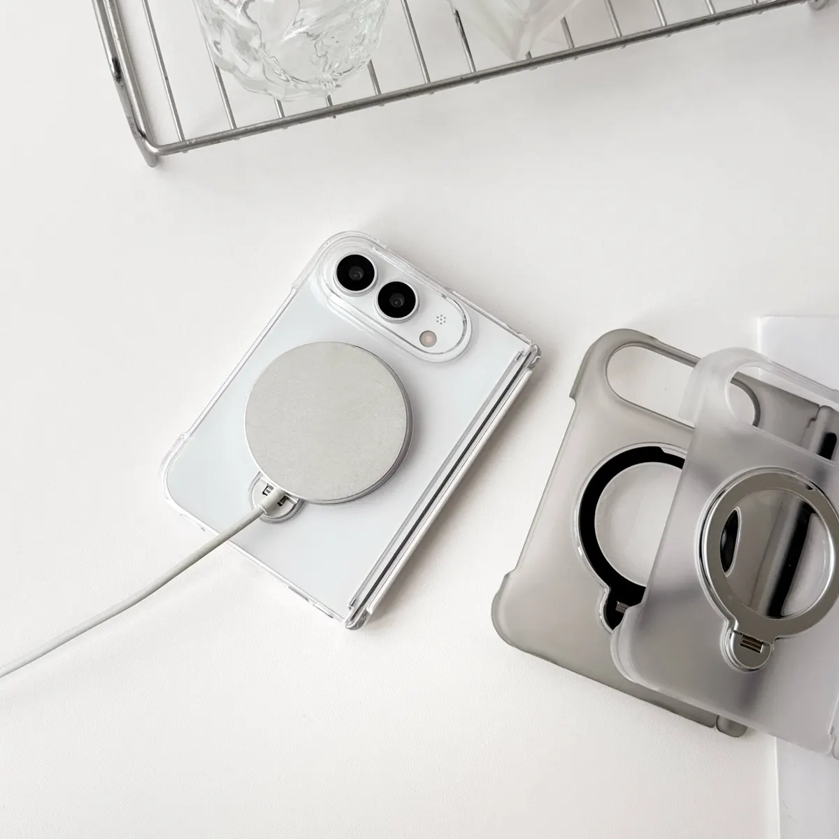 iPhone Fold Clear Case with Hinge Guard and 360° Rotating Stand