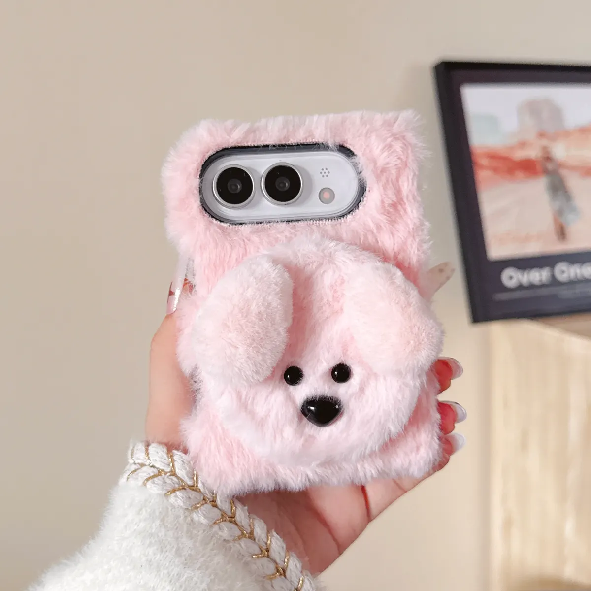 iPhone Fold Plush Case with Puppy and Cosmetic Mirror