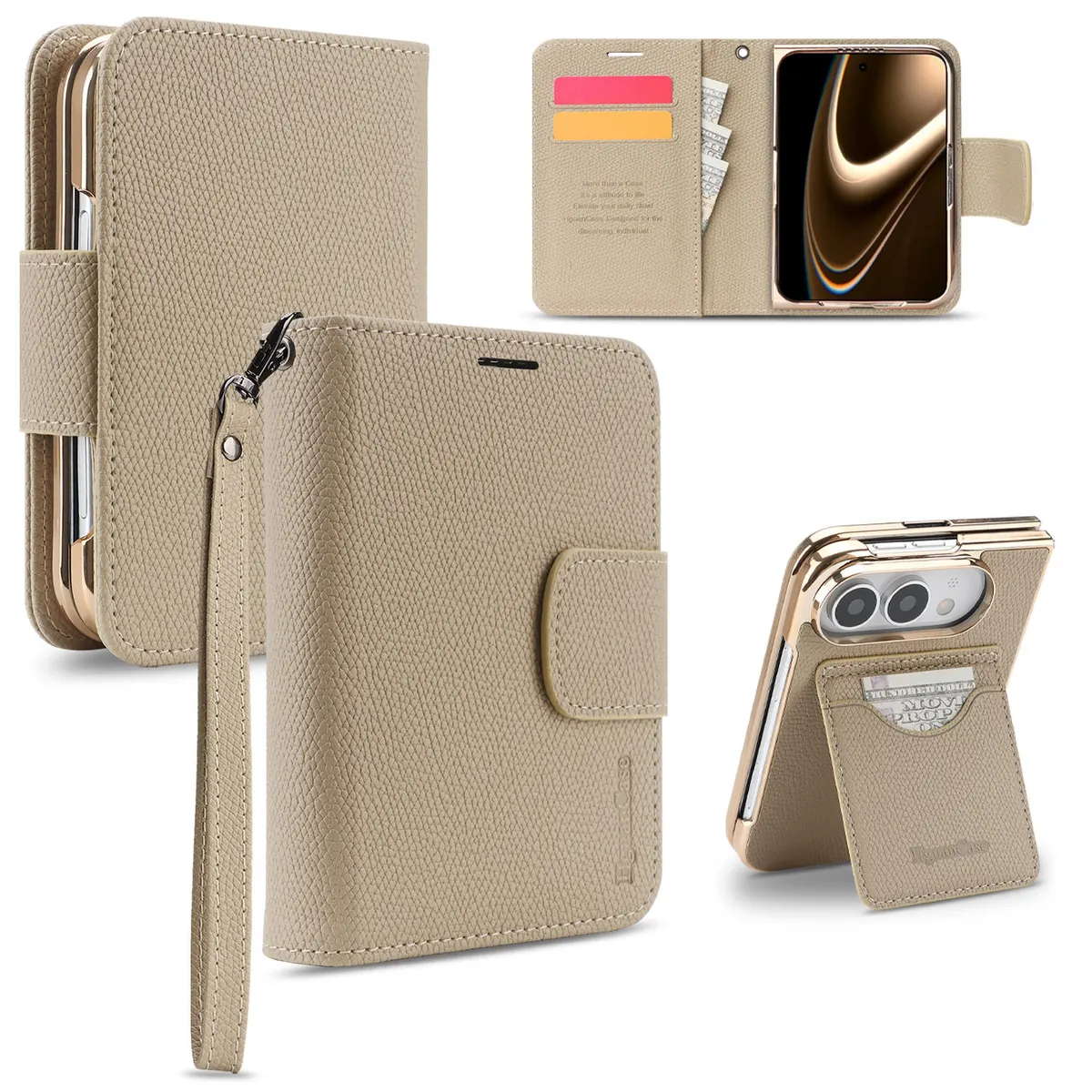 iPhone Fold Folio Case in Litchi-Grain Faux Leather with Wrist Strap